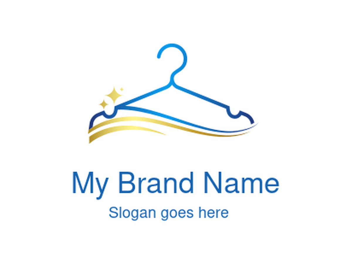 Blue Clothes Hanger Logo with Gold Swoosh Wave and Sparkle Accents for Professional Dry Cleaning